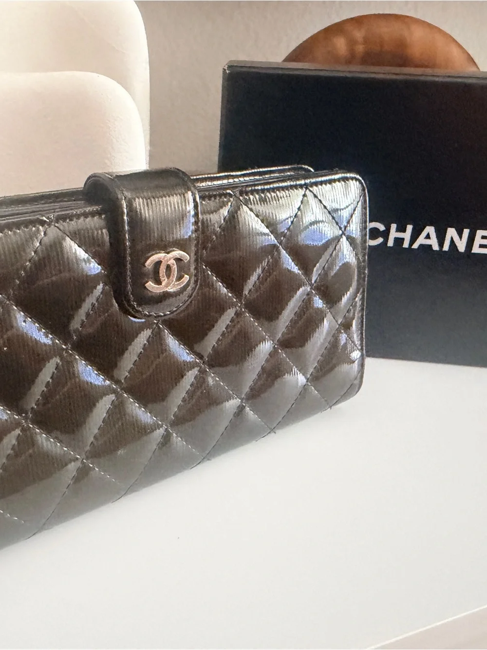 Chanel Green Quilted Patent Leather CC Long Wallet Box & COA